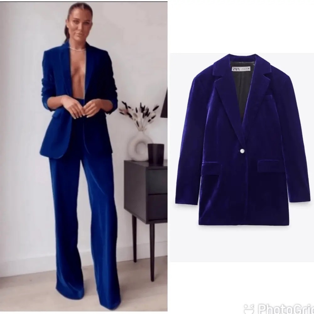 Zara Navy Velvet Jeweled Oversized Blazer in Medium